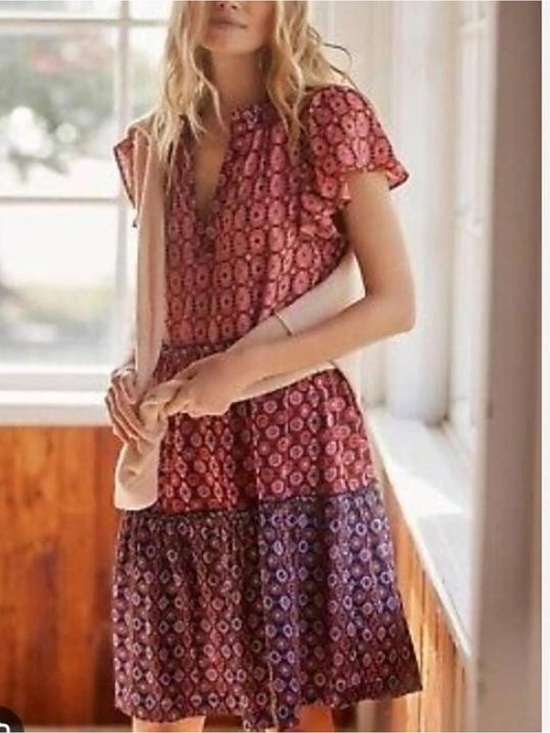 Anthropologie Dresses & Skirts - Anthropologie Floral Tiered Short-Sleeve Midi Dress - Red XL boho